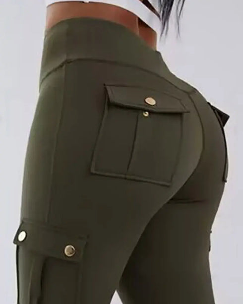 Camouflage Print High Waist Skinny Leggings with Cargo Flap Pockets Casual Pants Army green