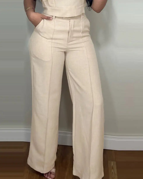 2 Pieces Outfit 3D Cutting Decor Design Cap Sleeve Hollow-out Back Crop Top and Casual Zipper Fly Seam Front Straight Pants Set Apricot