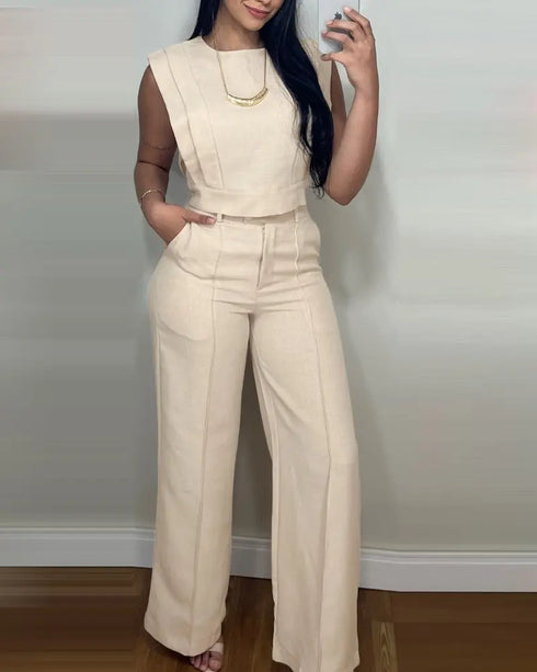 2 Pieces Outfit 3D Cutting Decor Design Cap Sleeve Hollow-out Back Crop Top and Casual Zipper Fly Seam Front Straight Pants Set Apricot