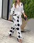 2 Pieces Outfit Polka Dot Pattern Long Sleeve Waist Tied Detail Blouse and Casual Wide Leg Pants Set white