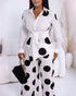 2 Pieces Outfit Polka Dot Pattern Long Sleeve Waist Tied Detail Blouse and Casual Wide Leg Pants Set white