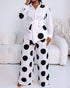 2 Pieces Outfit Polka Dot Pattern Long Sleeve Waist Tied Detail Blouse and Casual Wide Leg Pants Set white