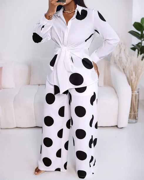 2 Pieces Outfit Polka Dot Pattern Long Sleeve Waist Tied Detail Blouse and Casual Wide Leg Pants Set white