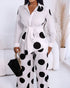 2 Pieces Outfit Polka Dot Pattern Long Sleeve Waist Tied Detail Blouse and Casual Wide Leg Pants Set white