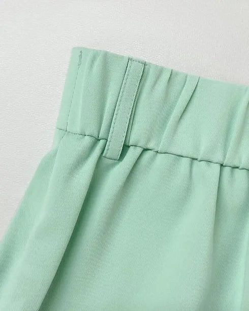 Bandeau Spaghetti Strap Golden-Button Back Shirred Top with Casual Shorts Set green