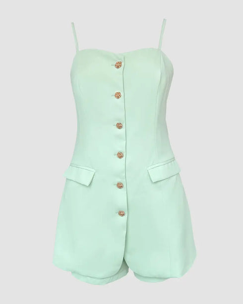 Bandeau Spaghetti Strap Golden-Button Back Shirred Top with Casual Shorts Set green