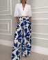 2 Pieces Outfit Wrap Plunge V Neck Crop Blouse and Casual Floral Print Wide Leg Pants Set blue