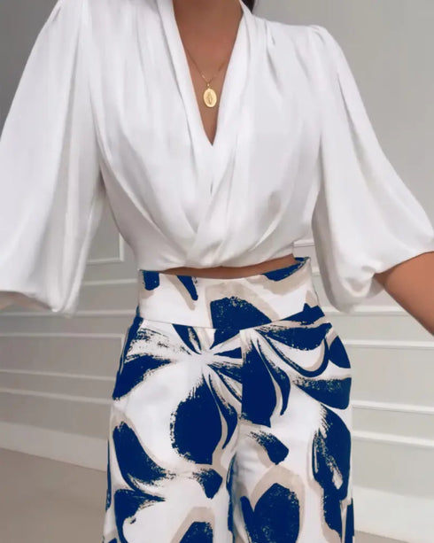 2 Pieces Outfit Wrap Plunge V Neck Crop Blouse and Casual Floral Print Wide Leg Pants Set blue