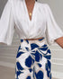 2 Pieces Outfit Wrap Plunge V Neck Crop Blouse and Casual Floral Print Wide Leg Pants Set blue