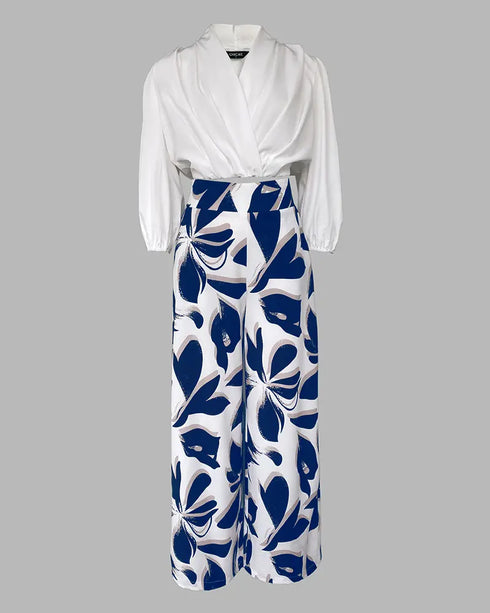 2 Pieces Outfit Wrap Plunge V Neck Crop Blouse and Casual Floral Print Wide Leg Pants Set blue