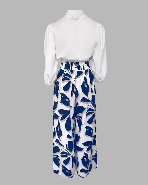 2 Pieces Outfit Wrap Plunge V Neck Crop Blouse and Casual Floral Print Wide Leg Pants Set blue