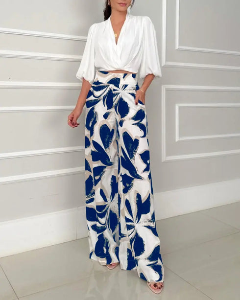 2 Pieces Outfit Wrap Plunge V Neck Crop Blouse and Casual Floral Print Wide Leg Pants Set blue