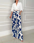 2 Pieces Outfit Wrap Plunge V Neck Crop Blouse and Casual Floral Print Wide Leg Pants Set blue