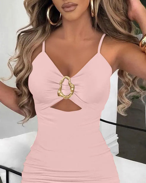 Deep V-Neck Adjustable Spaghetti Straps Hollow-out Slit Slip Dress Slim Fit Vacation Dress light pink