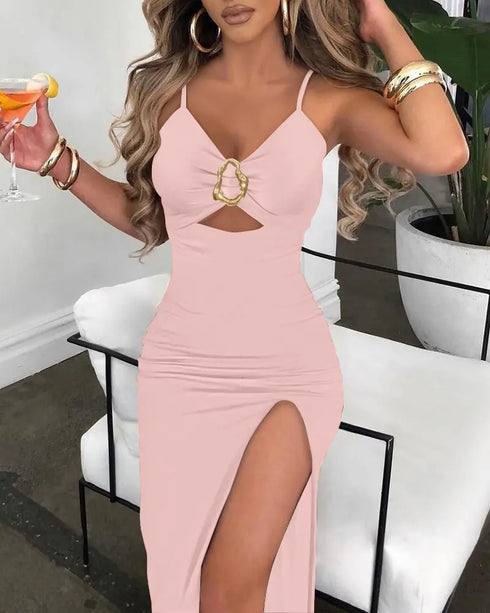 Deep V-Neck Adjustable Spaghetti Straps Hollow-out Slit Slip Dress Slim Fit Vacation Dress light pink