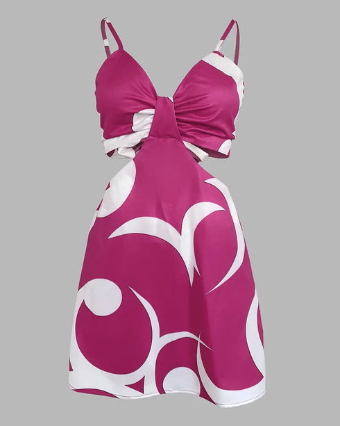 Floral Print Deep V-Neck Adjustable Spaghetti Straps Romper Casual Tied Back Cutout Slim Fit Skort Romper hot pink