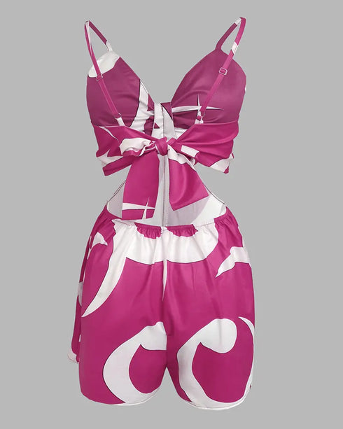 Floral Print Deep V-Neck Adjustable Spaghetti Straps Romper Casual Tied Back Cutout Slim Fit Skort Romper hot pink