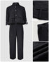 2 Pieces Outfit Turn-down Collar Turn-Up Sleeves Button Front Flap Pockets Design Top and Causal Zipper Fly Elastic Back Waist Wide Leg Pants Set black
