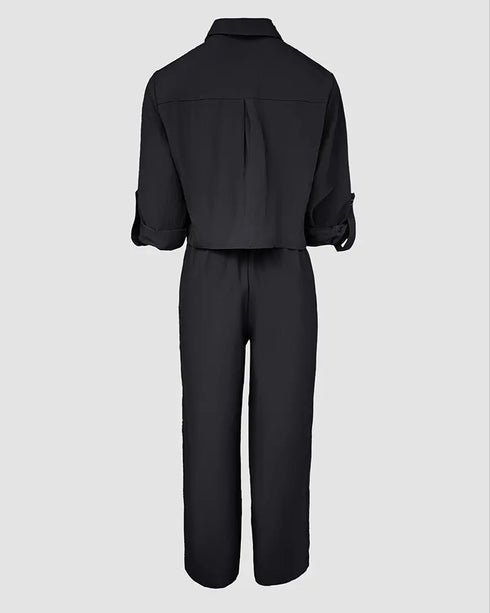 2 Pieces Outfit Turn-down Collar Turn-Up Sleeves Button Front Flap Pockets Design Top and Causal Zipper Fly Elastic Back Waist Wide Leg Pants Set black