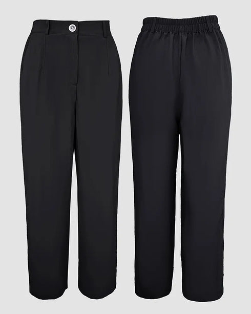 2 Pieces Outfit Turn-down Collar Turn-Up Sleeves Button Front Flap Pockets Design Top and Causal Zipper Fly Elastic Back Waist Wide Leg Pants Set black