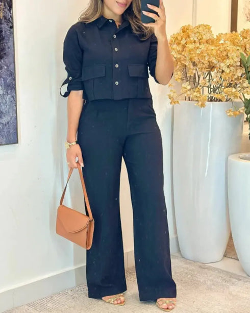 2 Pieces Outfit Turn-down Collar Turn-Up Sleeves Button Front Flap Pockets Design Top and Causal Zipper Fly Elastic Back Waist Wide Leg Pants Set black
