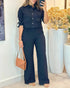 2 Pieces Outfit Turn-down Collar Turn-Up Sleeves Button Front Flap Pockets Design Top and Causal Zipper Fly Elastic Back Waist Wide Leg Pants Set black
