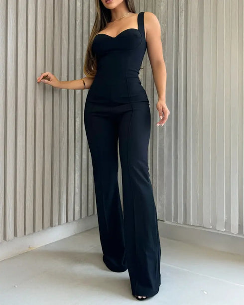 Sweatheart Neck Thick Strap Backless Lace-up Back Overalls Casual Seam Front Wide Leg Jumpsuit black