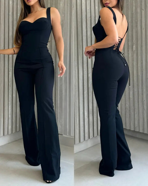 Sweatheart Neck Thick Strap Backless Lace-up Back Overalls Casual Seam Front Wide Leg Jumpsuit black