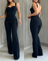 Sweetheart Neck Sequin Floral Mesh Sleeves Lace-up Back Jumpsuit Casual Backless Seam Front Flared Jumpsuit black