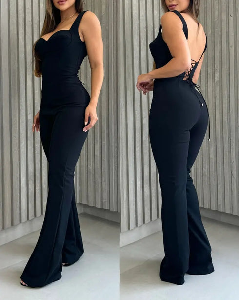 Sweetheart Neck Sequin Floral Mesh Sleeves Lace-up Back Jumpsuit Casual Backless Seam Front Flared Jumpsuit black