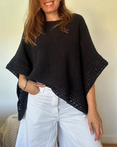Solid Batwing Sleeve Hollow-out Crochet Pattern Top Casual Cover Up black
