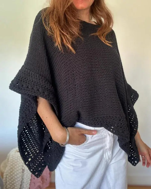 Solid Batwing Sleeve Hollow-out Crochet Pattern Top Casual Cover Up black
