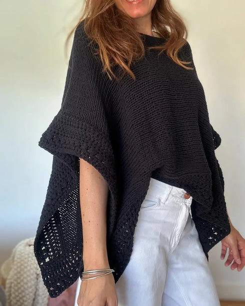 Solid Batwing Sleeve Hollow-out Crochet Pattern Top Casual Cover Up black