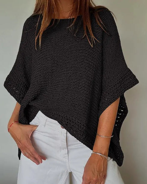Solid Batwing Sleeve Hollow-out Crochet Pattern Top Casual Cover Up black