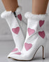 Christmas Fuzzy Detail Star Heart Pattern Lined Ankle Boots white