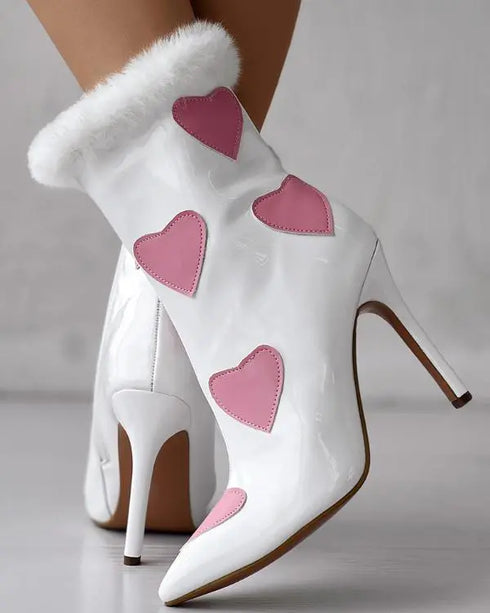Christmas Fuzzy Detail Star Heart Pattern Lined Ankle Boots white