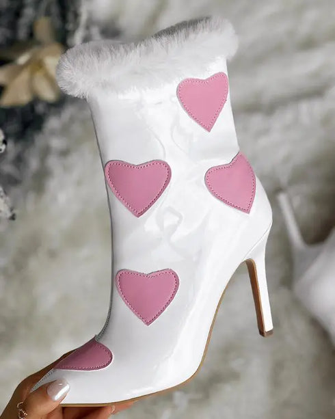 Christmas Fuzzy Detail Star Heart Pattern Lined Ankle Boots white