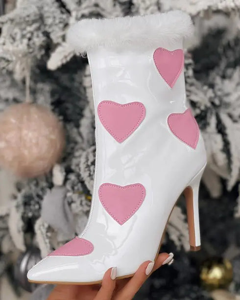 Christmas Fuzzy Detail Star Heart Pattern Lined Ankle Boots white