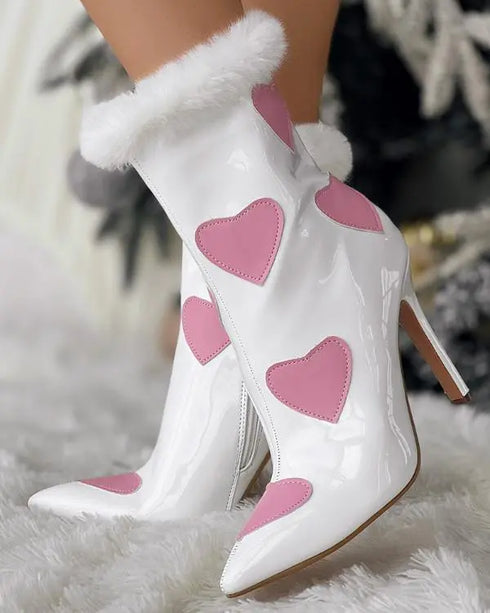 Christmas Fuzzy Detail Star Heart Pattern Lined Ankle Boots white