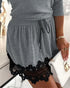 Crewneck Drawstring Waist Casual Dress Constrast Lace Mini Dress gray