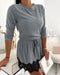 Crewneck Drawstring Waist Casual Dress Constrast Lace Mini Dress gray