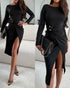 Long Sleeve Ruched Waist Metal Button Decor Bodycon Dress Casual Slit Slim Fit Midi Dress black