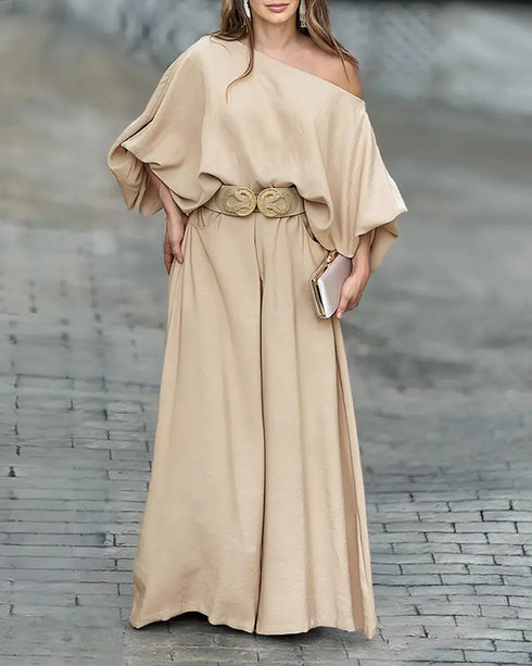 Skew Neck Lantern Sleeve Loose Top & Zipper Fly Wide Leg Pants Set without Belt khaki