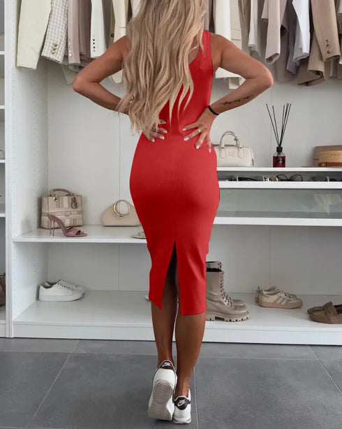 2 Pieces Outfit U-Neck Slit Back Slim Fit Knit Tank Dress and Pearl Button Front Baseball Coat Casual Ribbed Set red