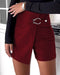 High Waist PU Leather Buckled Skorts Wine red