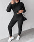 2 Pieces Outfit Long Sleeve Crop Drawstring Hoodie Top and Elastic Waist Slim Fit Pants Set Casual Cable Kint Set black