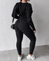 2 Pieces Outfit Long Sleeve Crop Drawstring Hoodie Top and Elastic Waist Slim Fit Pants Set Casual Cable Kint Set black