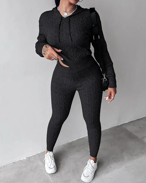 2 Pieces Outfit Long Sleeve Crop Drawstring Hoodie Top and Elastic Waist Slim Fit Pants Set Casual Cable Kint Set black