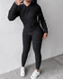 2 Pieces Outfit Long Sleeve Crop Drawstring Hoodie Top and Elastic Waist Slim Fit Pants Set Casual Cable Kint Set black