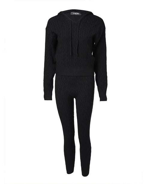 2 Pieces Outfit Long Sleeve Crop Drawstring Hoodie Top and Elastic Waist Slim Fit Pants Set Casual Cable Kint Set black